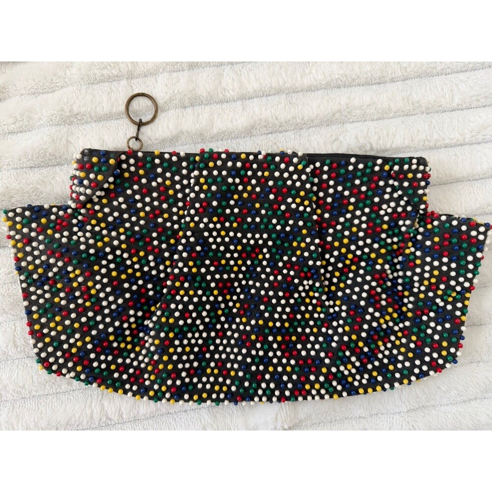 Vintage Handmade Multicolor Seed Bead Clutch Purse Black Beaded Wristlet Pouch